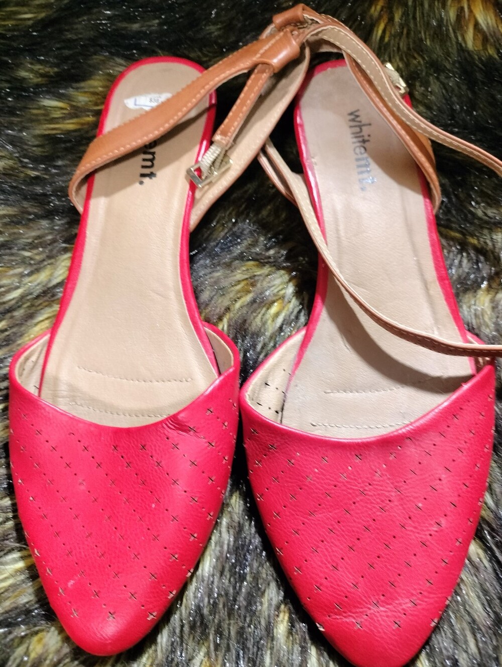 WHIT Mtn  Red Pointed Toe Flats with Tan Ankle Strap